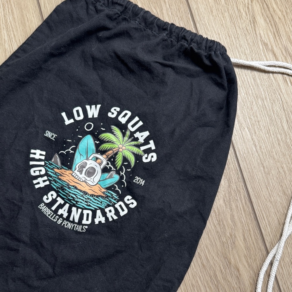 Barbells & Ponytails Black CrossFit Drawstring Logo Bag Low squats high standard